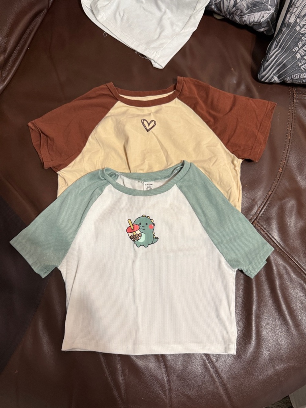 SHEIN Kids crop top tee. Duo in White, Sage & Cream, Brown a with fun fact tee